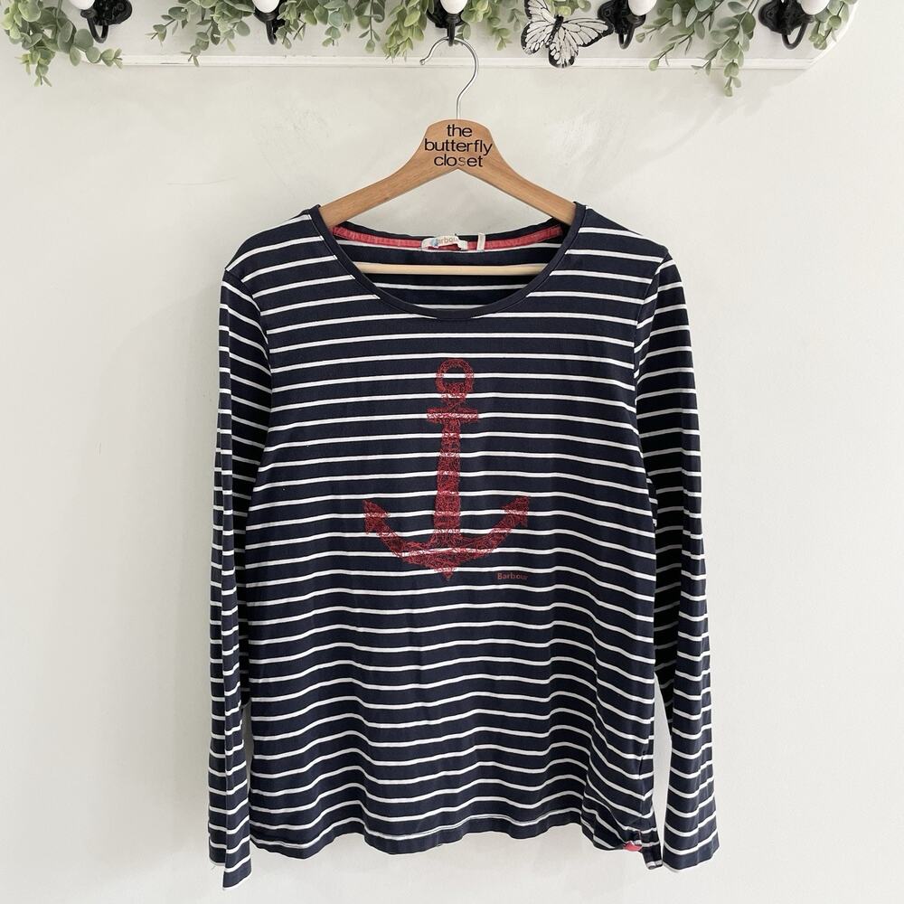 BARBOUR Frinton TShirt Nautical Maritime Striped Navy Anchor Long Sleeve Size 14